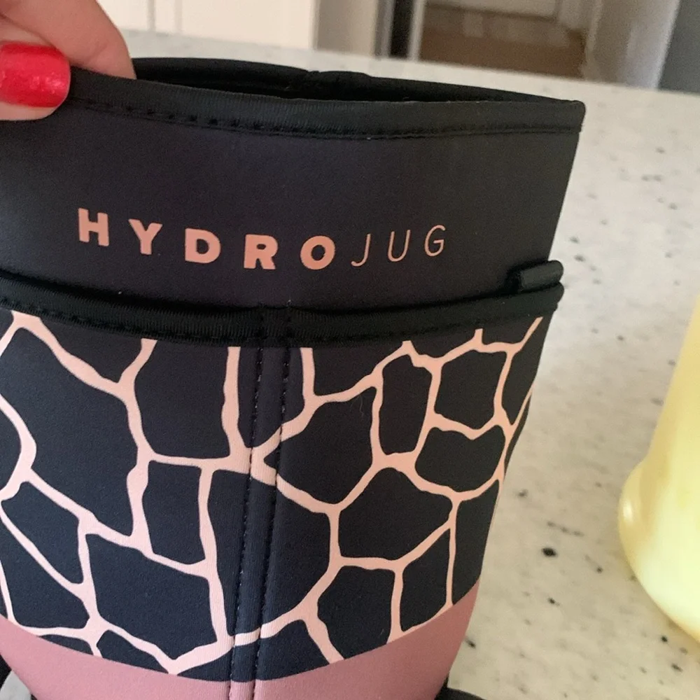 HydroJug Yellow Water Bottle with Pink and Black Neoprene Sleeve